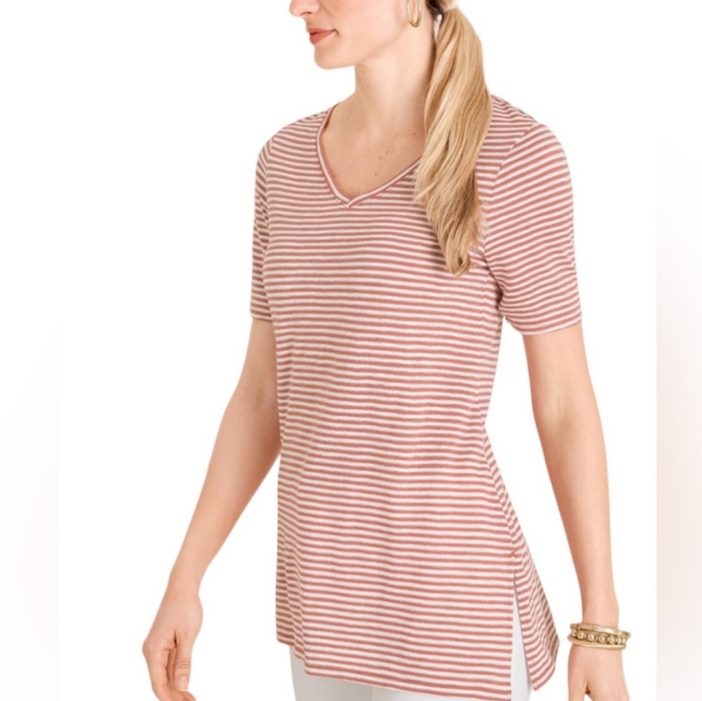 Chico’s The Ultimate Tee Striped Metallic Shimmer 3/4 Sleeve Top Size Large